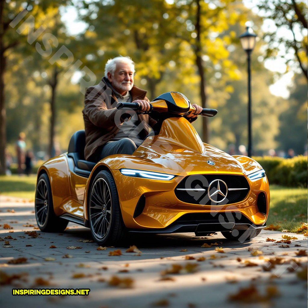 luxury car mobility scooter in a yellow Mercedes-Benz design