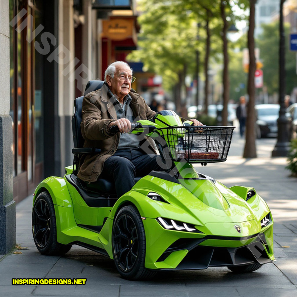 luxury car mobility scooter in a lime green Lamborghini design