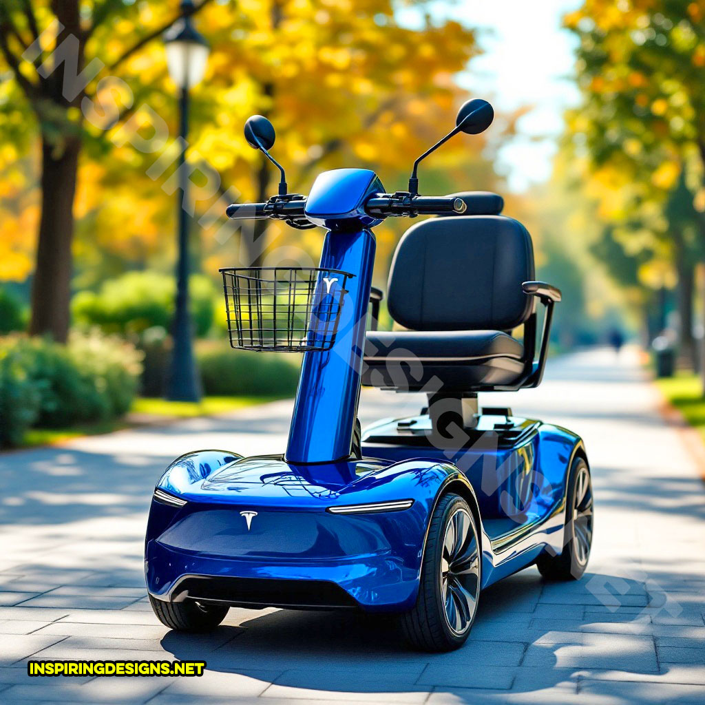 luxury car mobility scooter in a blue Tesla design