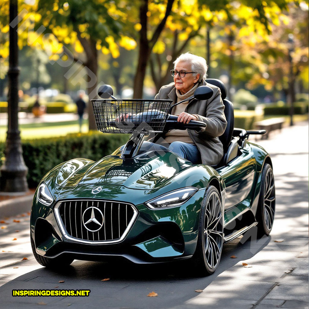 luxury car mobility scooter in a green Mercedes-Benz design