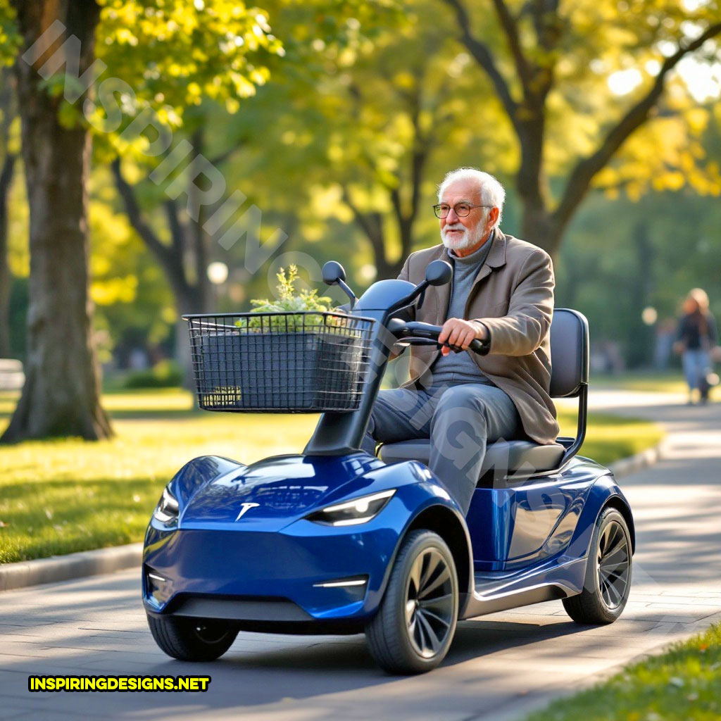 luxury car mobility scooter in a blue Tesla design