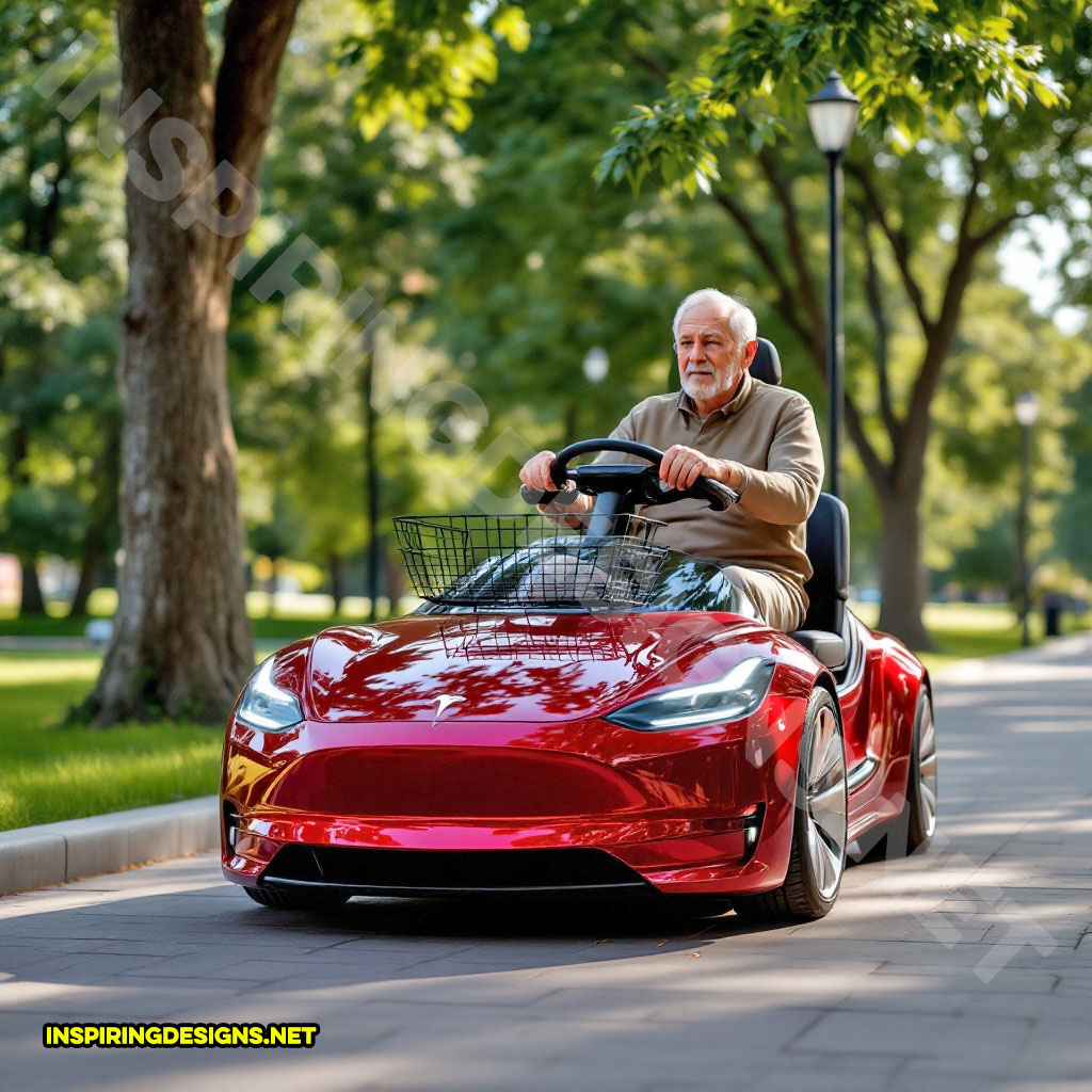 luxury car mobility scooter in a red Tesla design