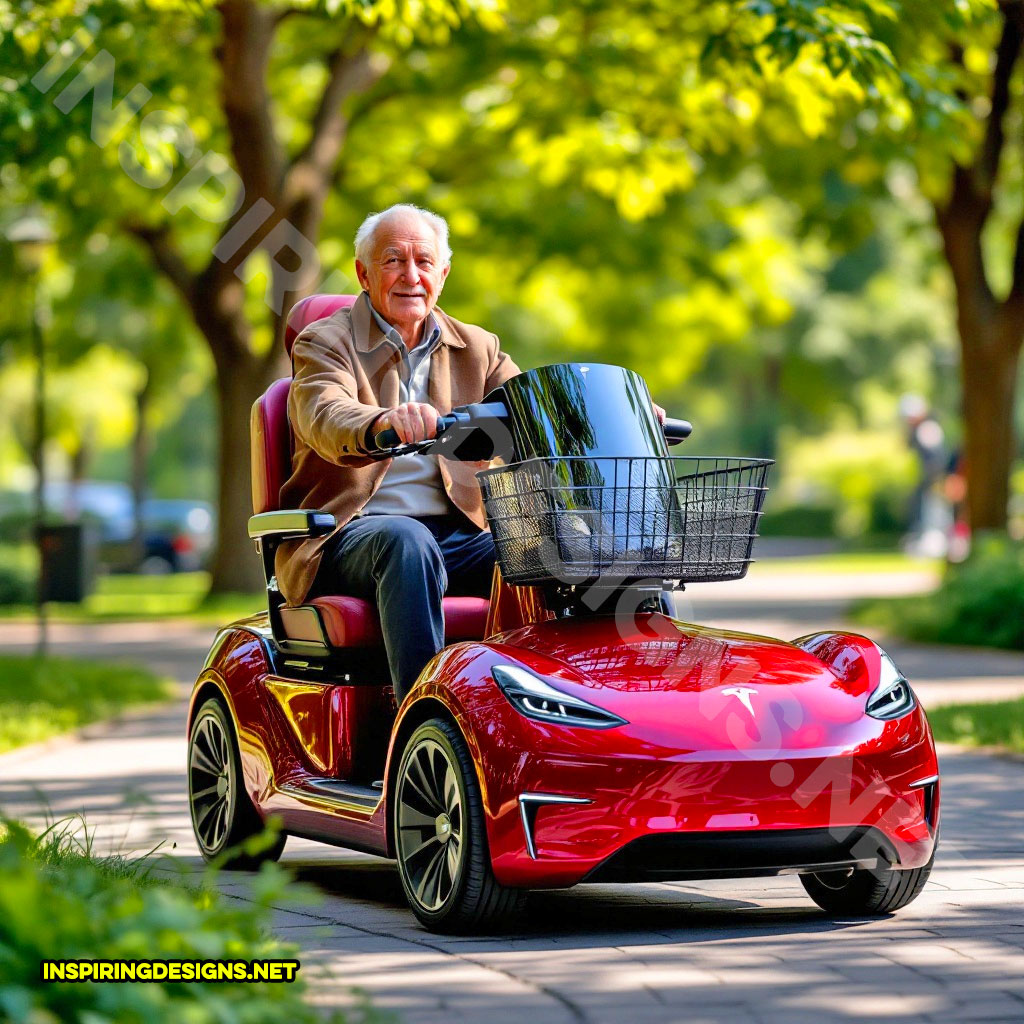 luxury car mobility scooter in a red Tesla design