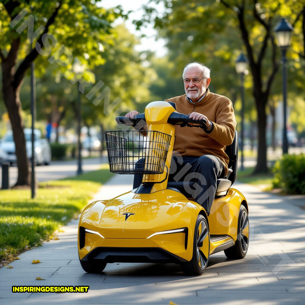 luxury car mobility scooter in a yellow Tesla design