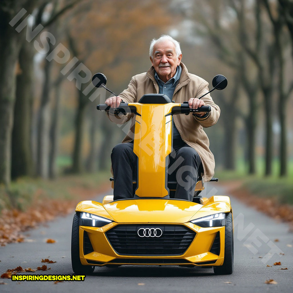 luxury car mobility scooter in a yellow Audi design