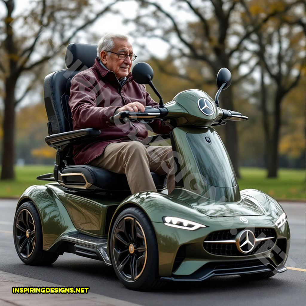 luxury car mobility scooter in a green Mercedez-Benz design