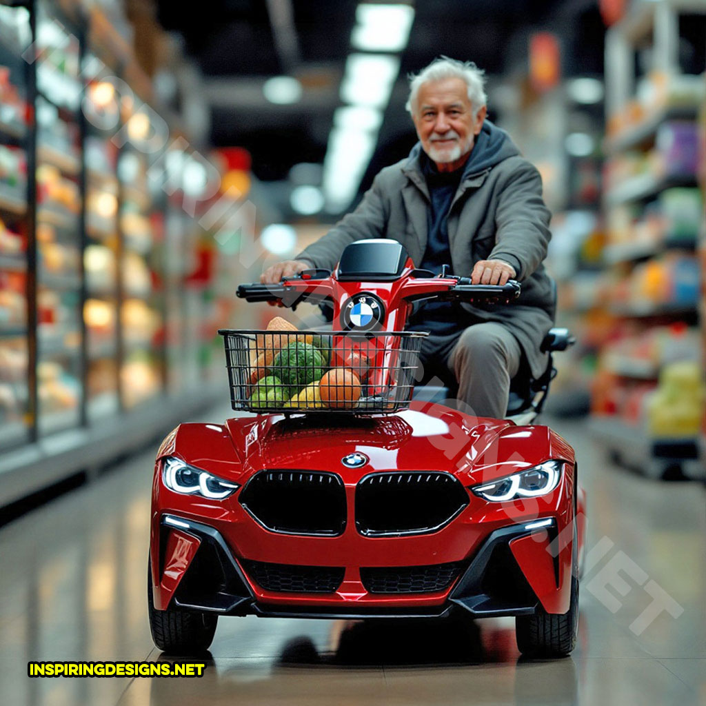 luxury car mobility scooter in a red BMW design