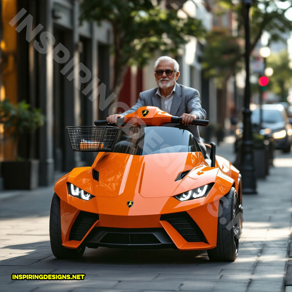 luxury car mobility scooter in an orange Lamborghini design