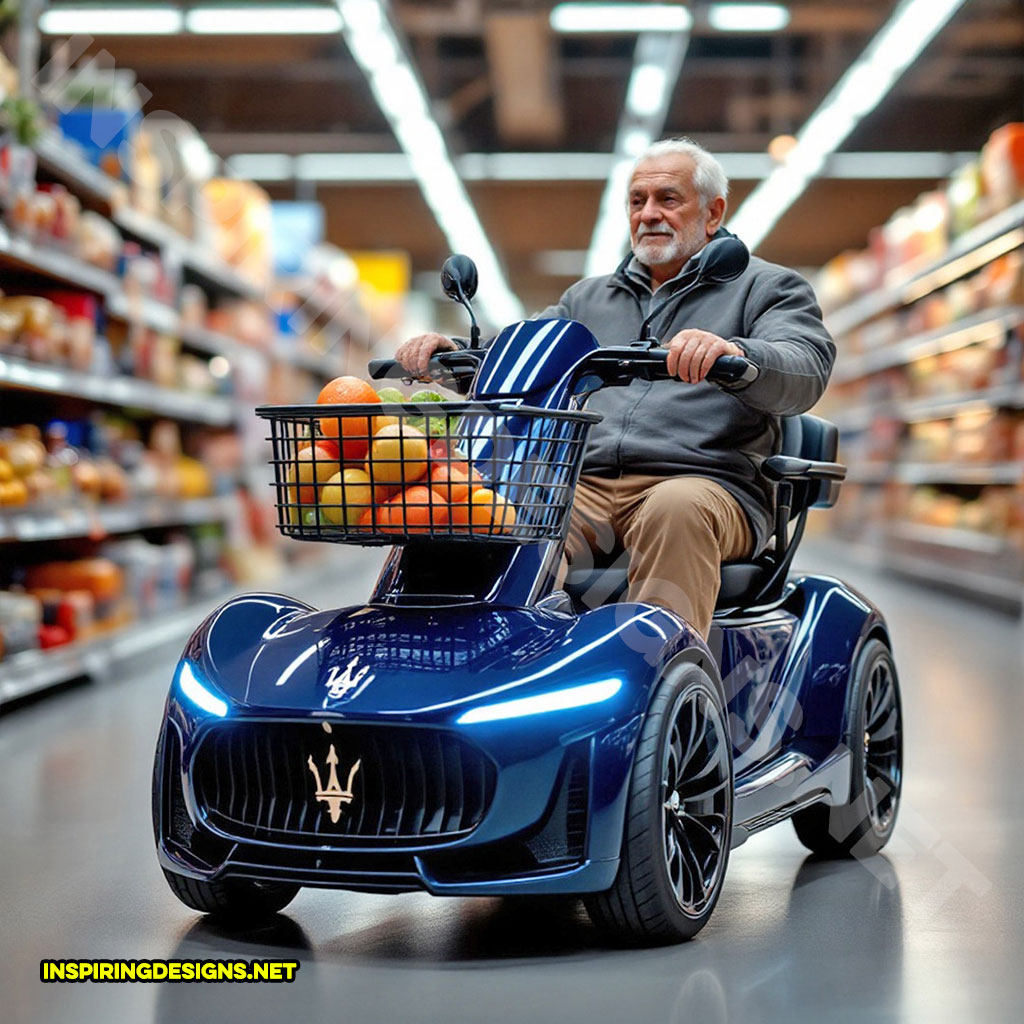 luxury car mobility scooter in a blue Mazerati design