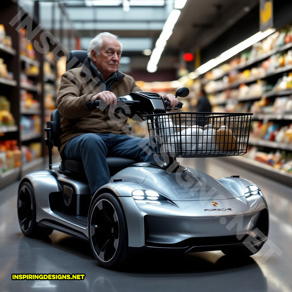 luxury car mobility scooter in a silver Porsche design