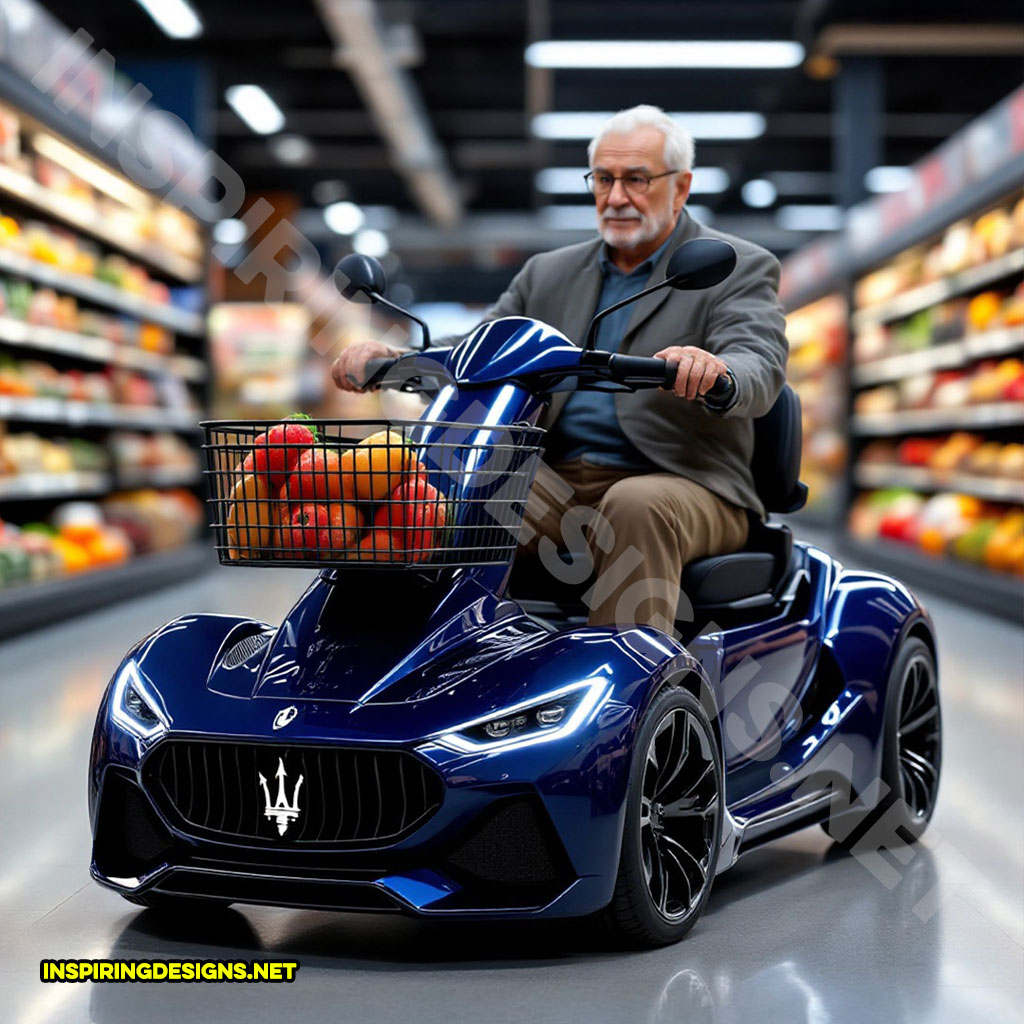 luxury car mobility scooter in a blue Mazerati design