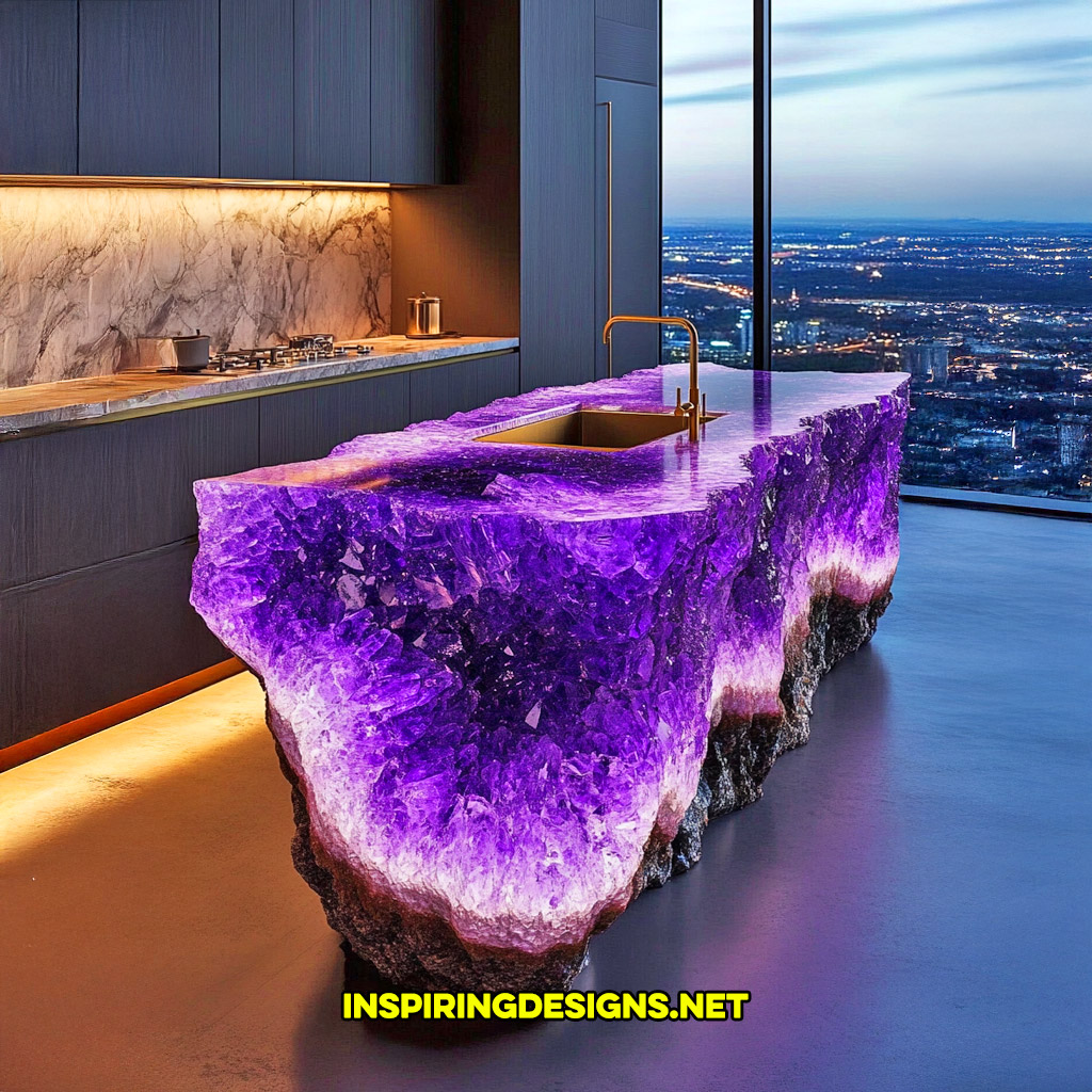 luxury mineral crystal kitchen island in a purple amethyst geode design