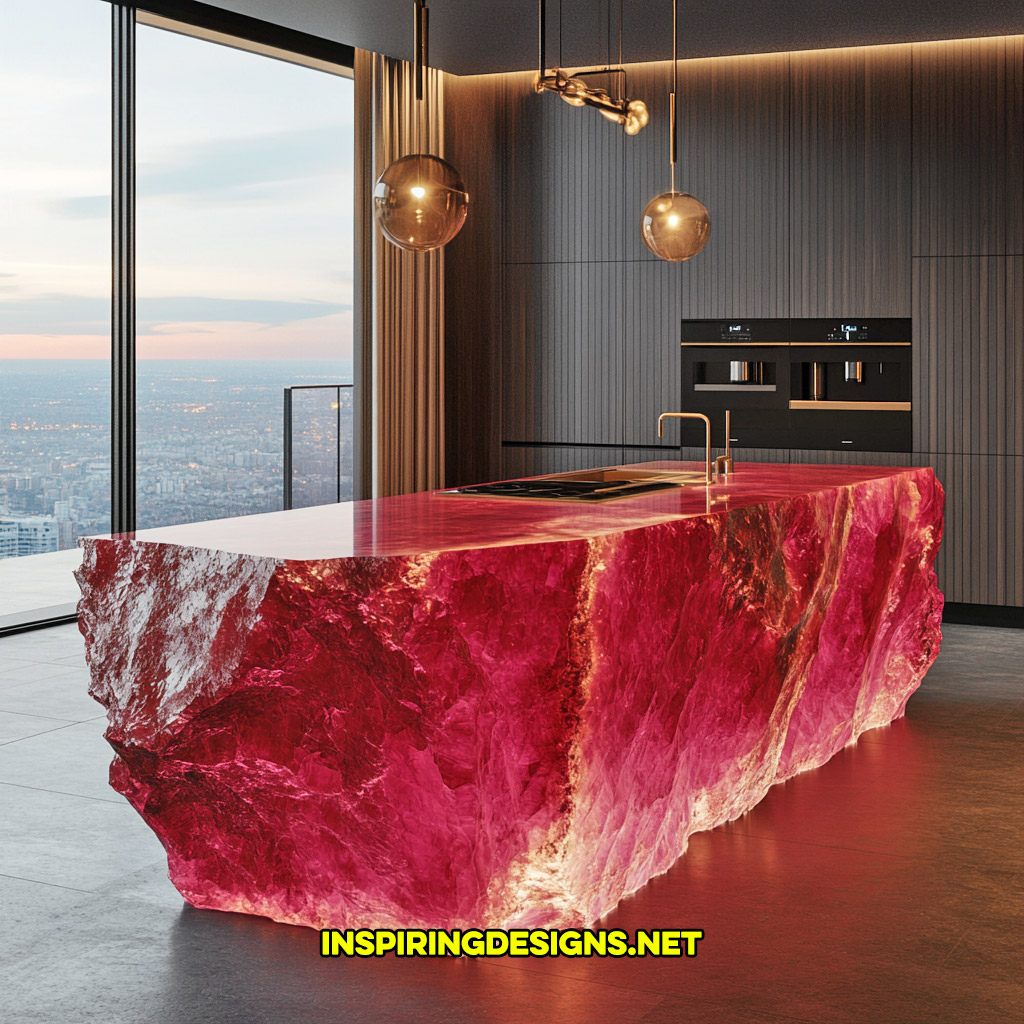 luxury mineral crystal kitchen island in a red ruby geode design