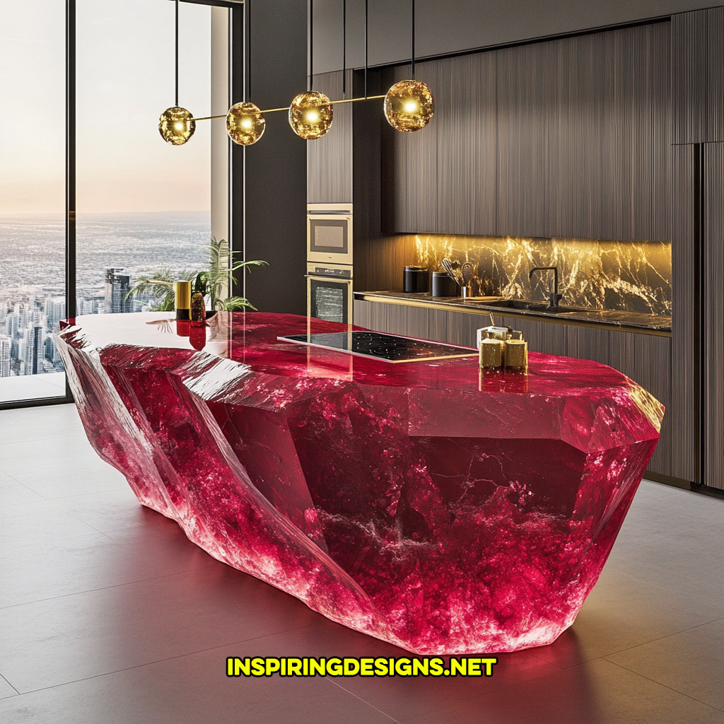 luxury mineral crystal kitchen island in a red ruby geode design