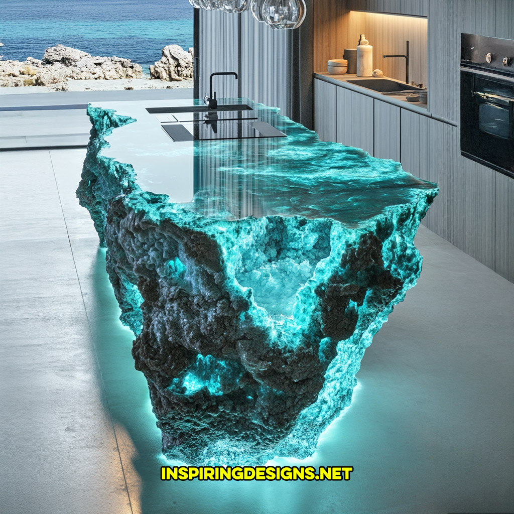 luxury mineral crystal kitchen island in a turquoise geode design