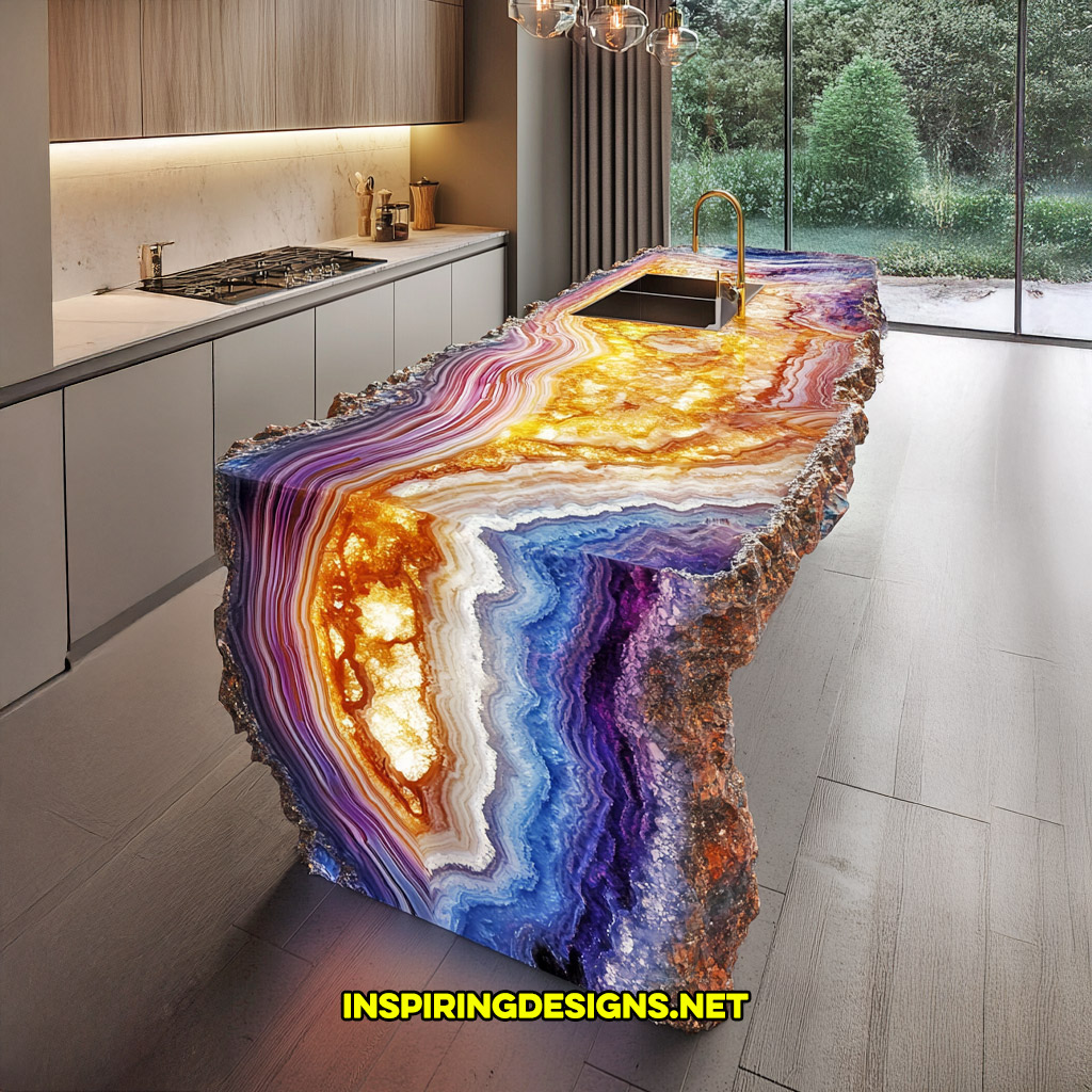 luxury mineral crystal kitchen island in a multi-colored agate geode design