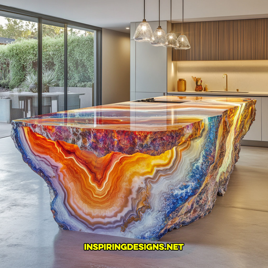 luxury mineral crystal kitchen island in a multi-colored-agate geode design