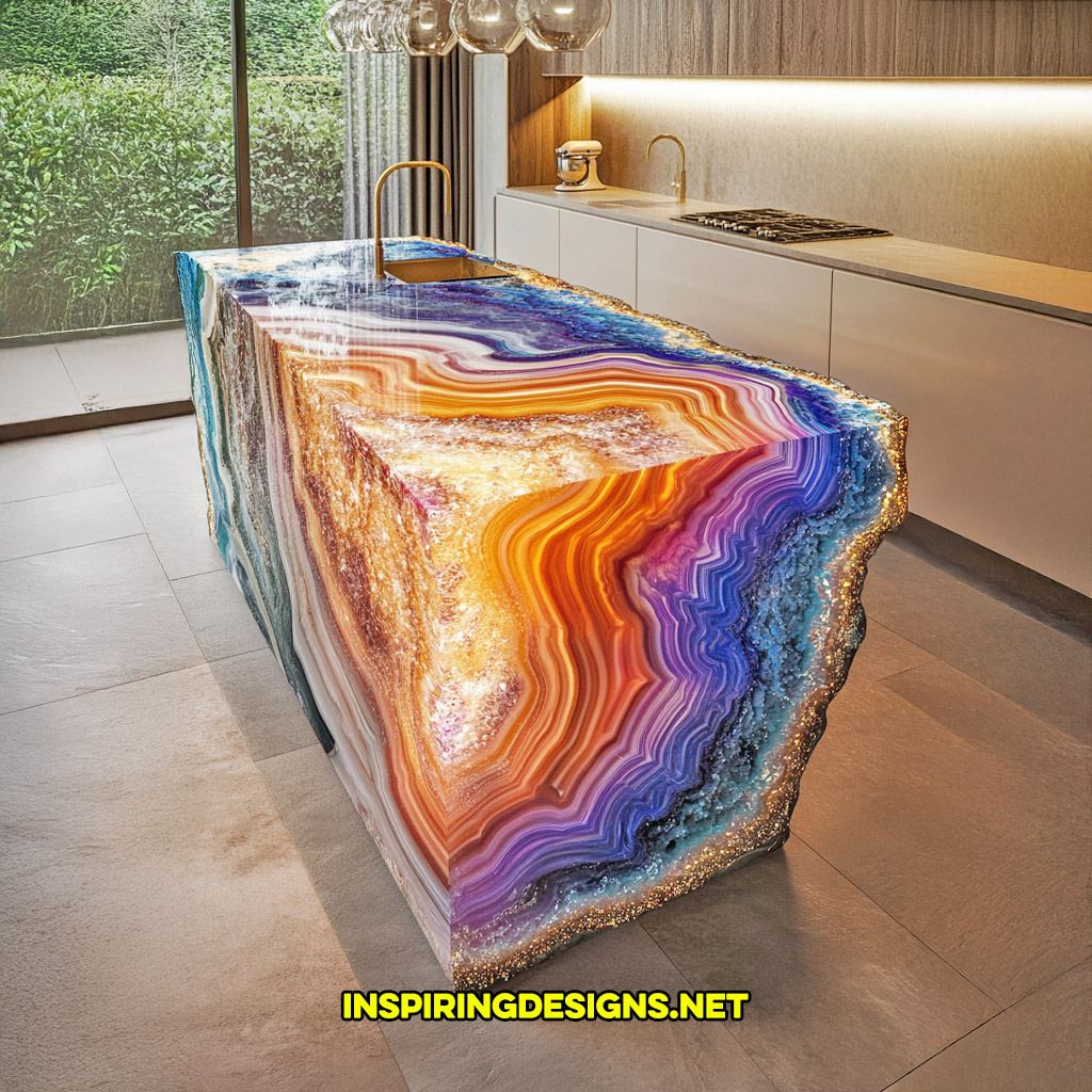 luxury mineral crystal kitchen island in a multi-colored agate geode design