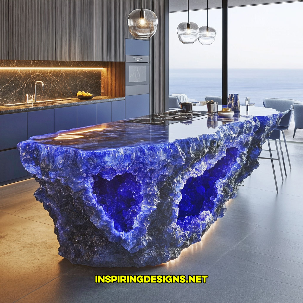 luxury mineral crystal kitchen island in a dark blue sapphire geode design