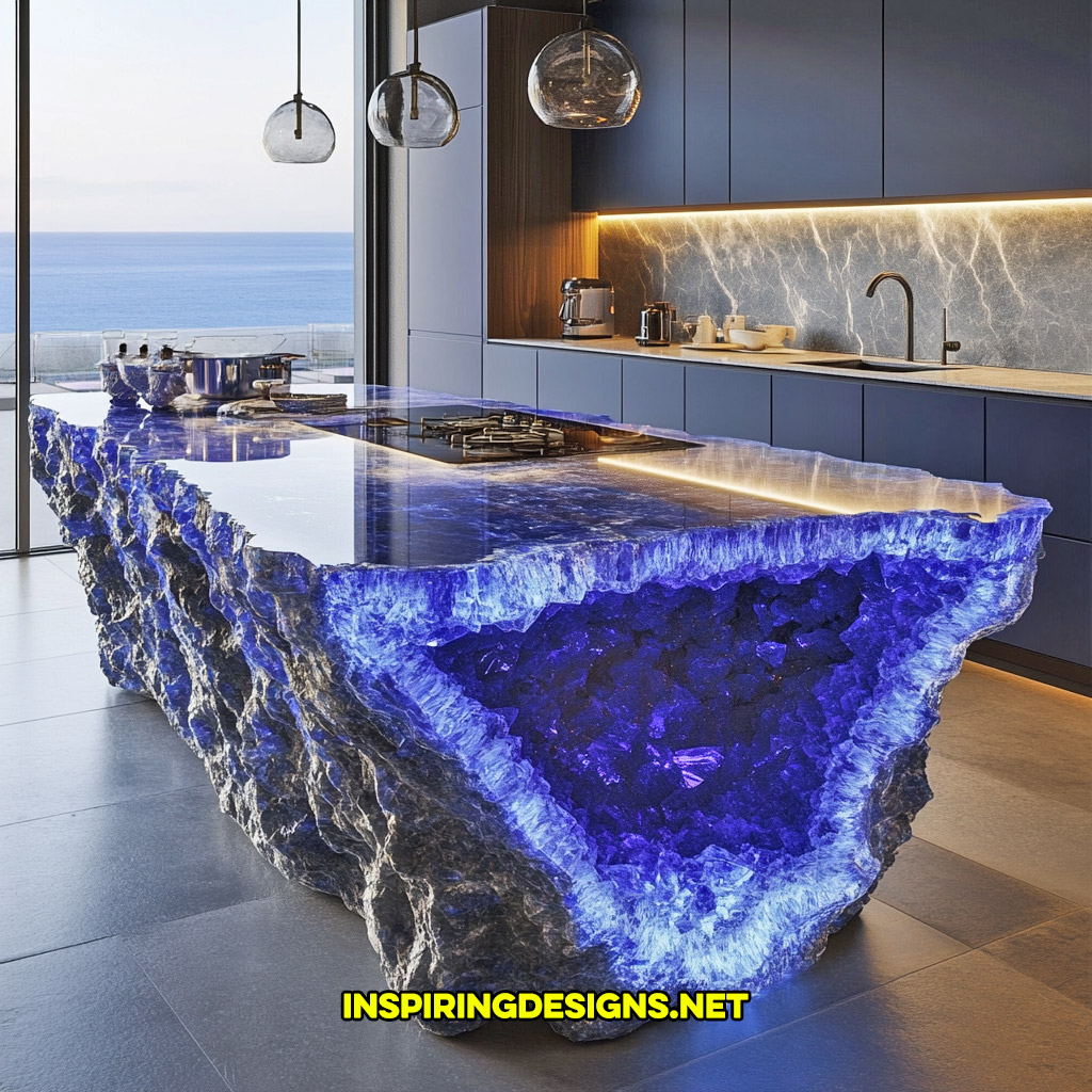 luxury mineral crystal kitchen island in a blue sapphire geode design