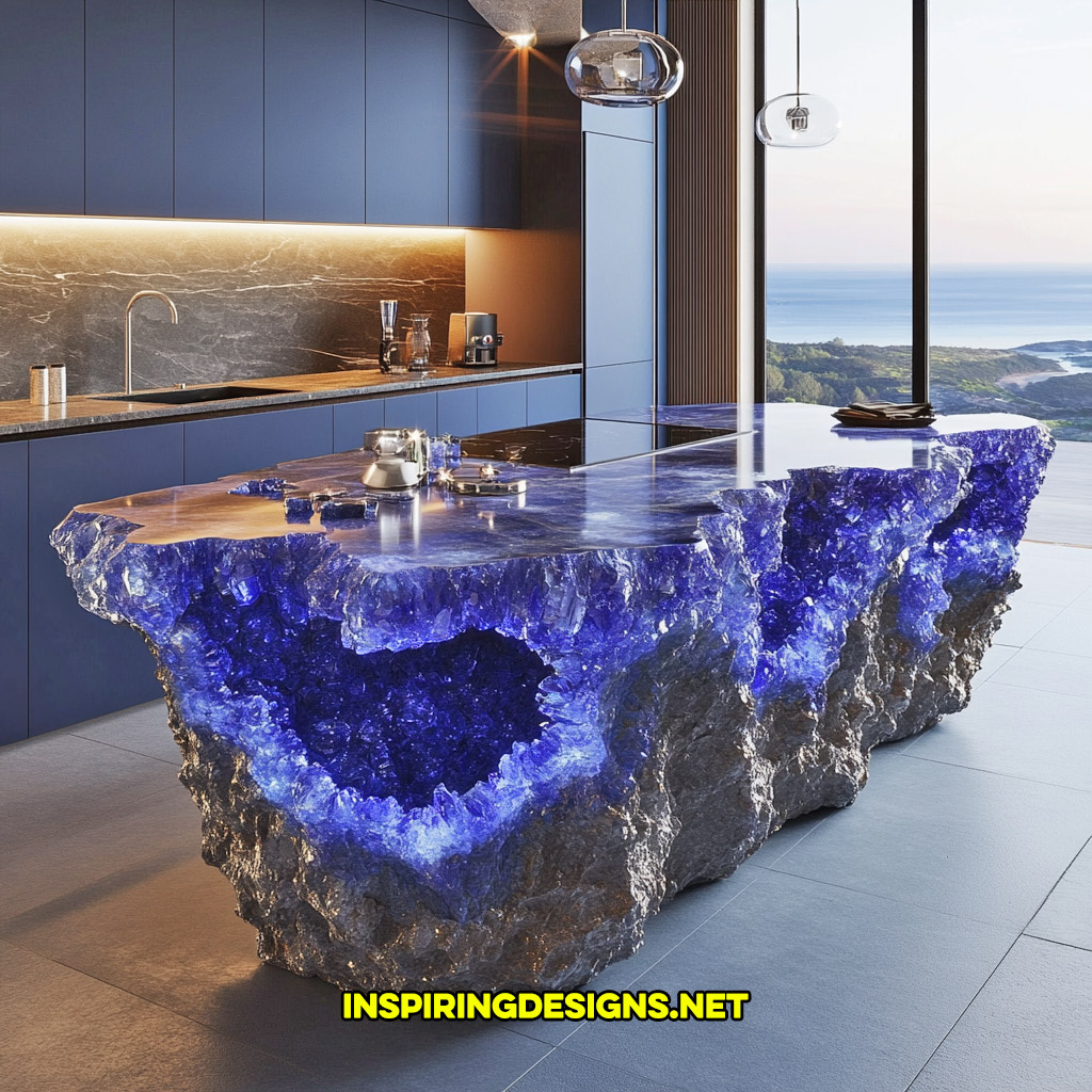 luxury mineral crystal kitchen island in a blue sapphire geode design