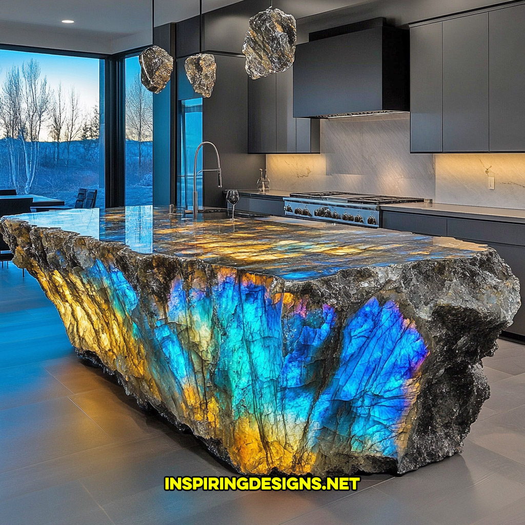 luxury mineral crystal kitchen island in a labradorite geode design