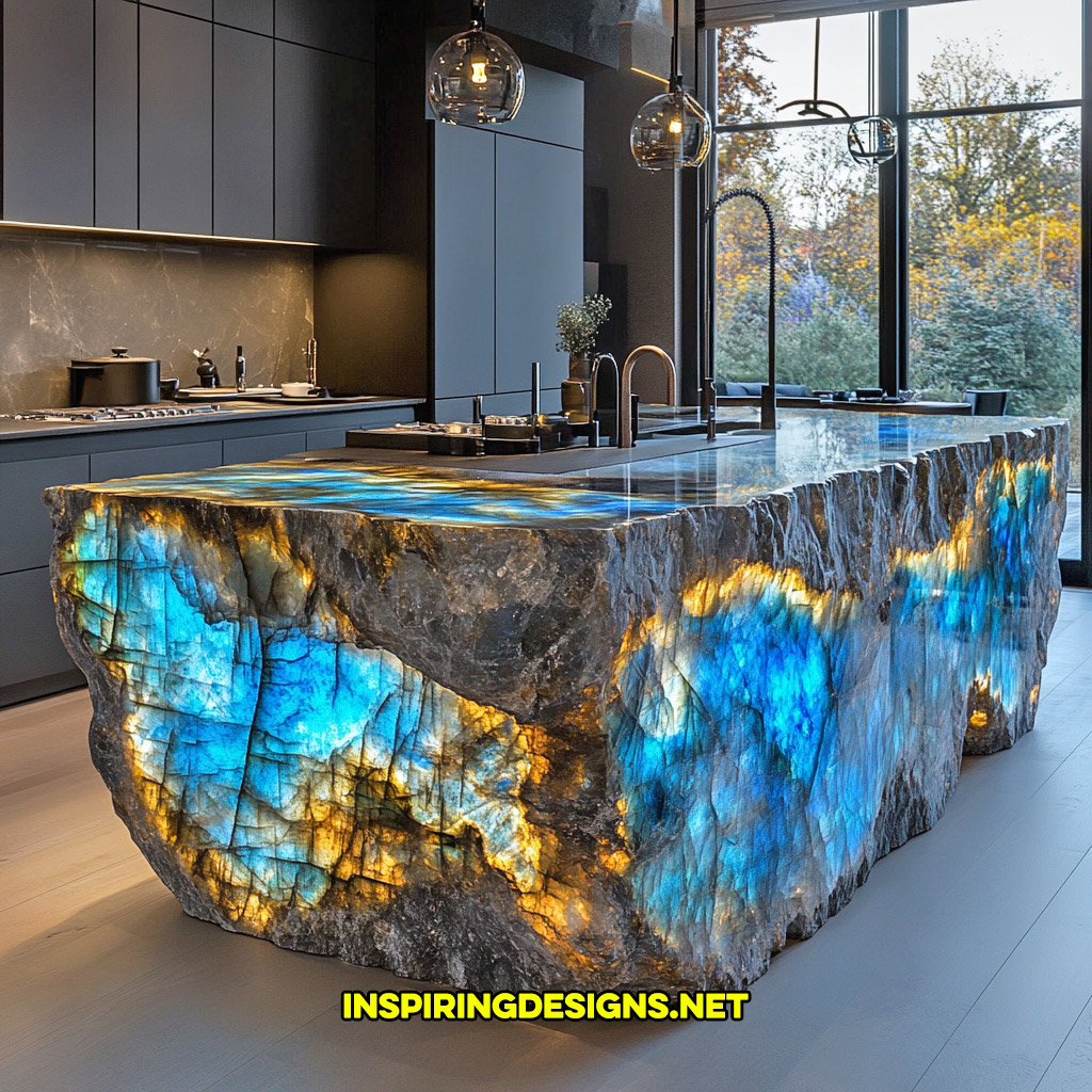 luxury mineral crystal kitchen island in a labradorite geode design