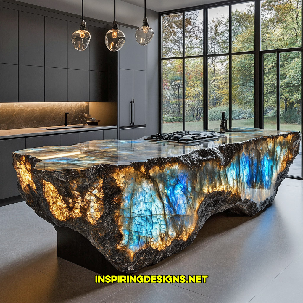 luxury mineral crystal kitchen island in a labradorite geode design