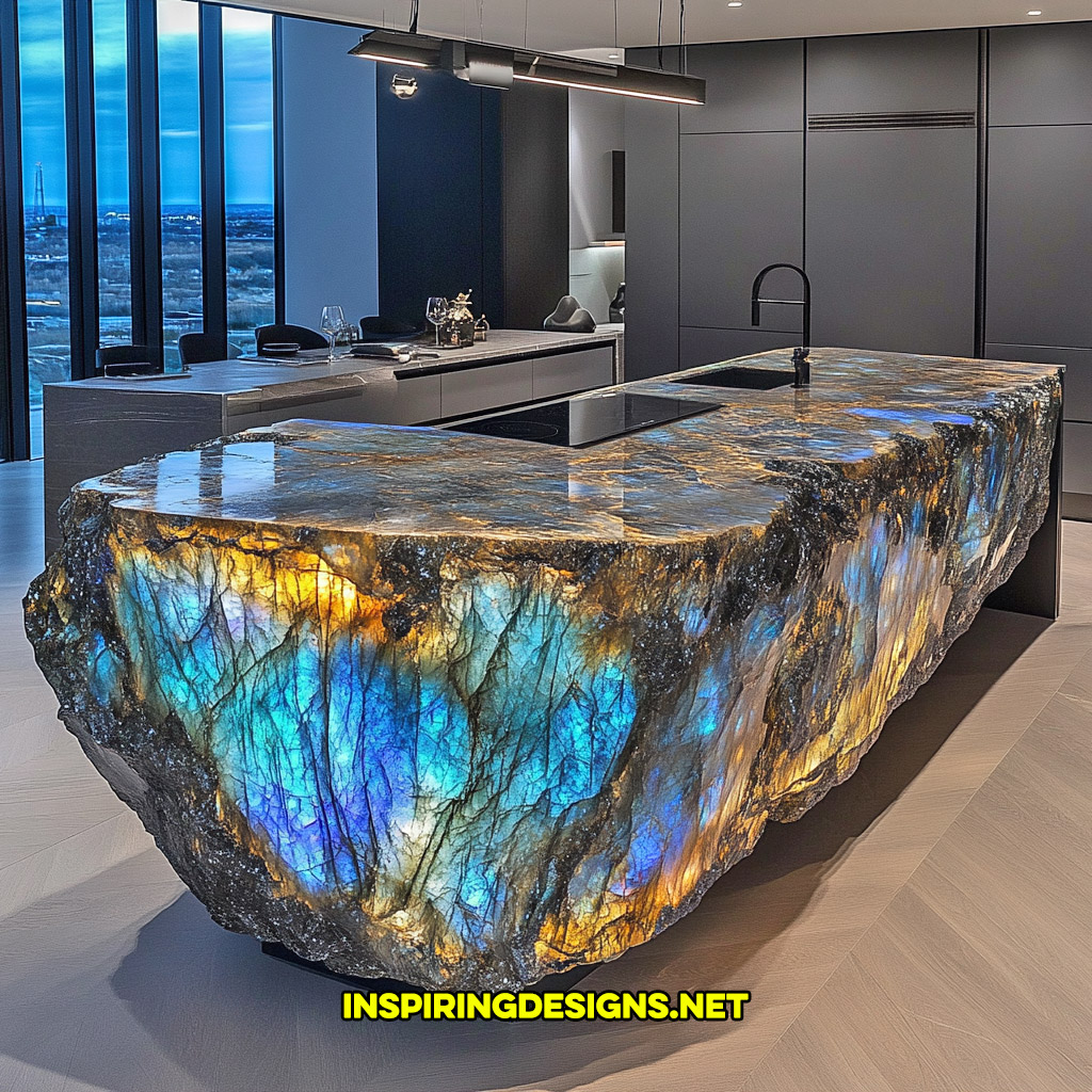 luxury mineral crystal kitchen island in a labradorite geode design