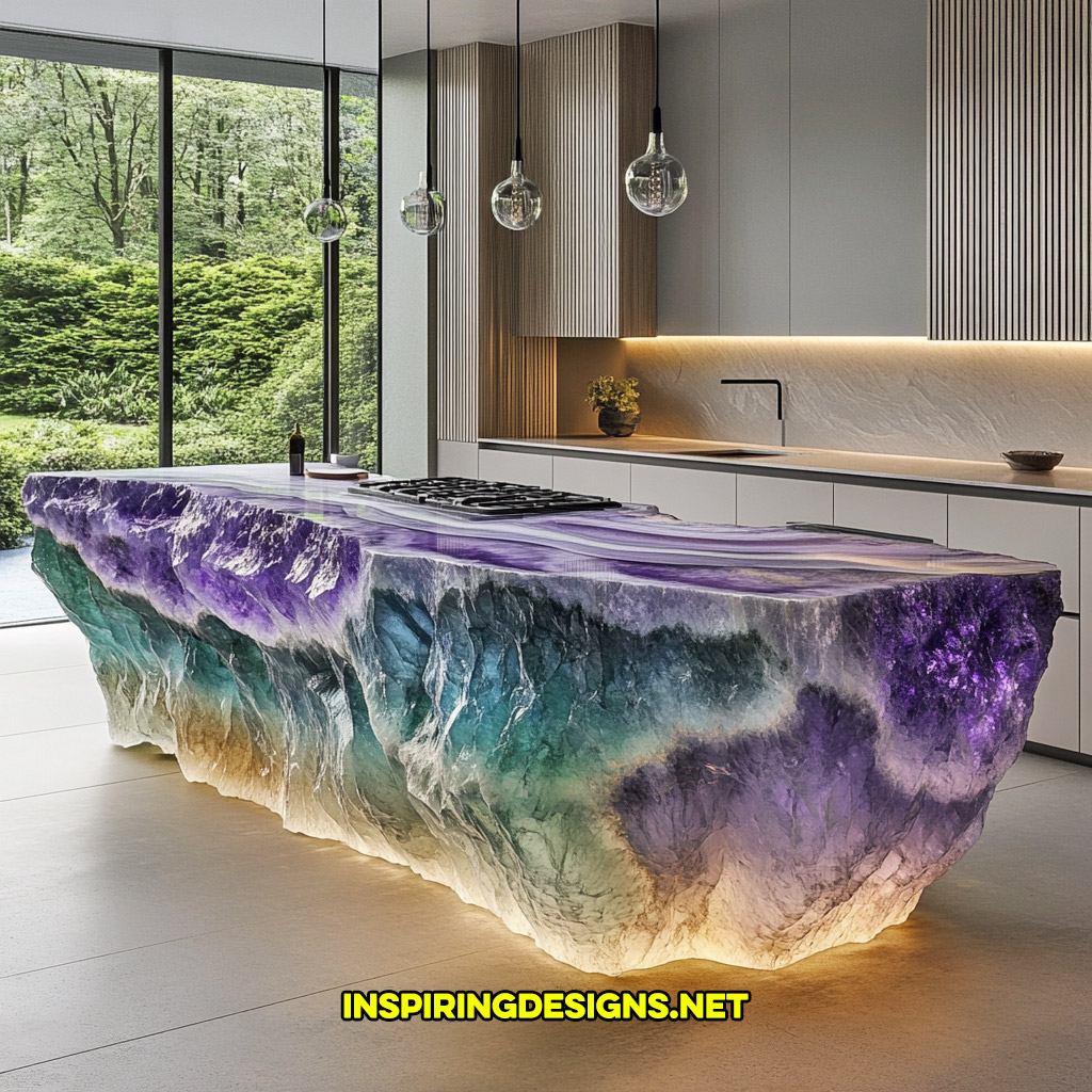 luxury mineral crystal kitchen island in a fluorite geode design