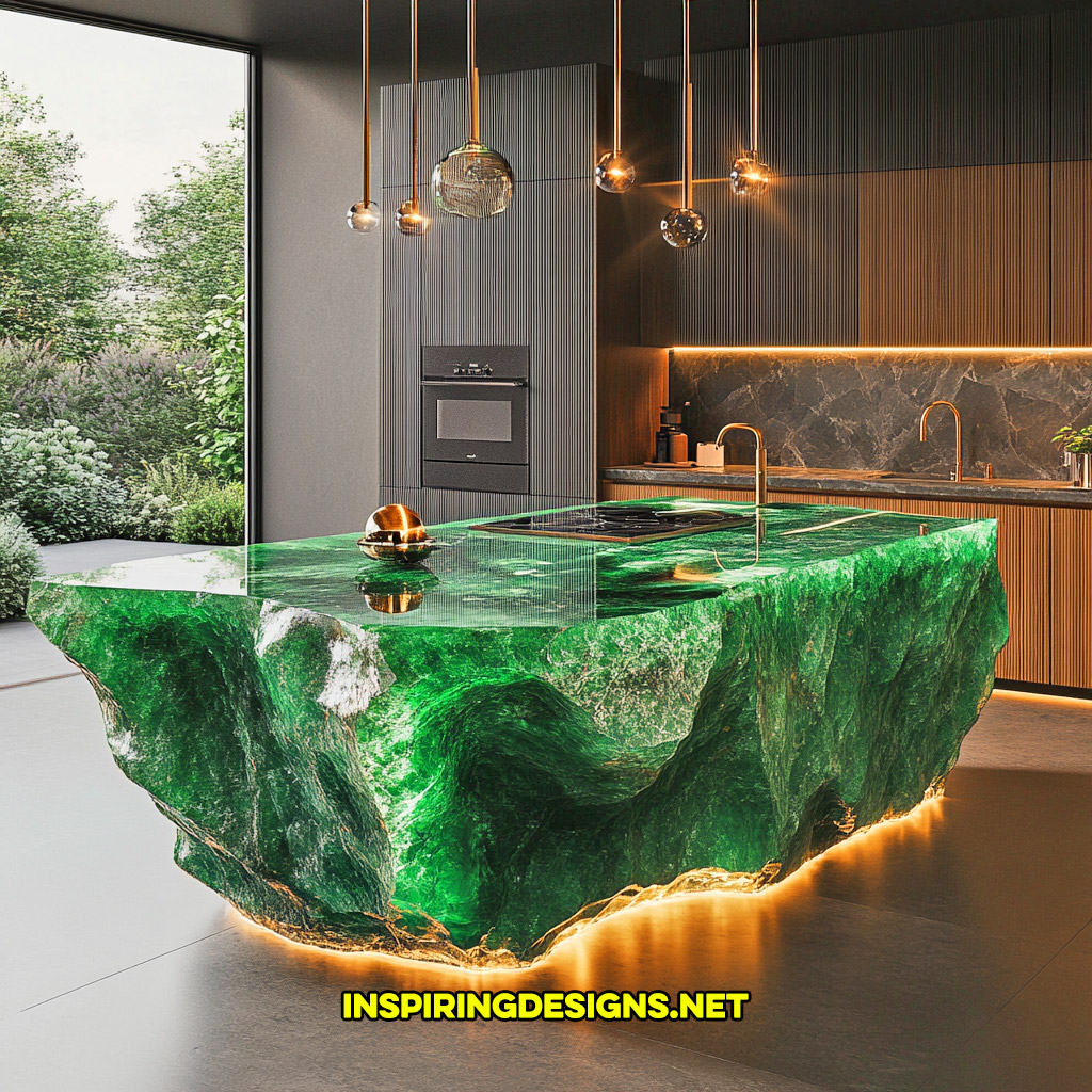 luxury mineral crystal kitchen island in a green emerald geode design