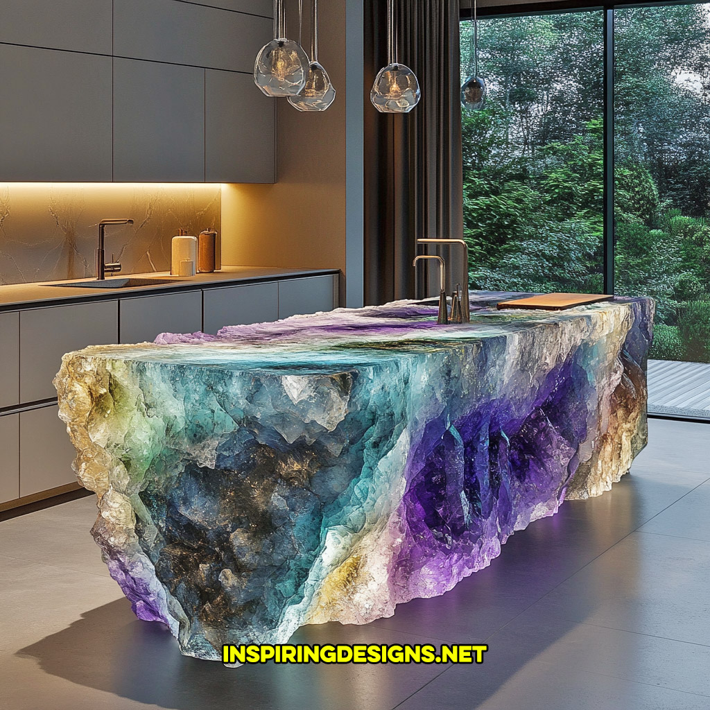 luxury mineral crystal kitchen island in a fluorite geode design