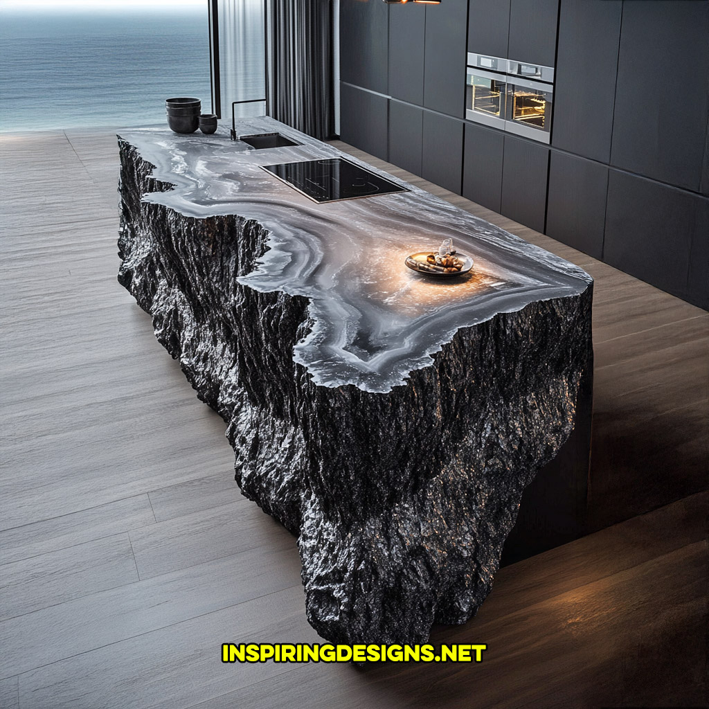 luxury mineral crystal kitchen island in a black tourmaline geode design