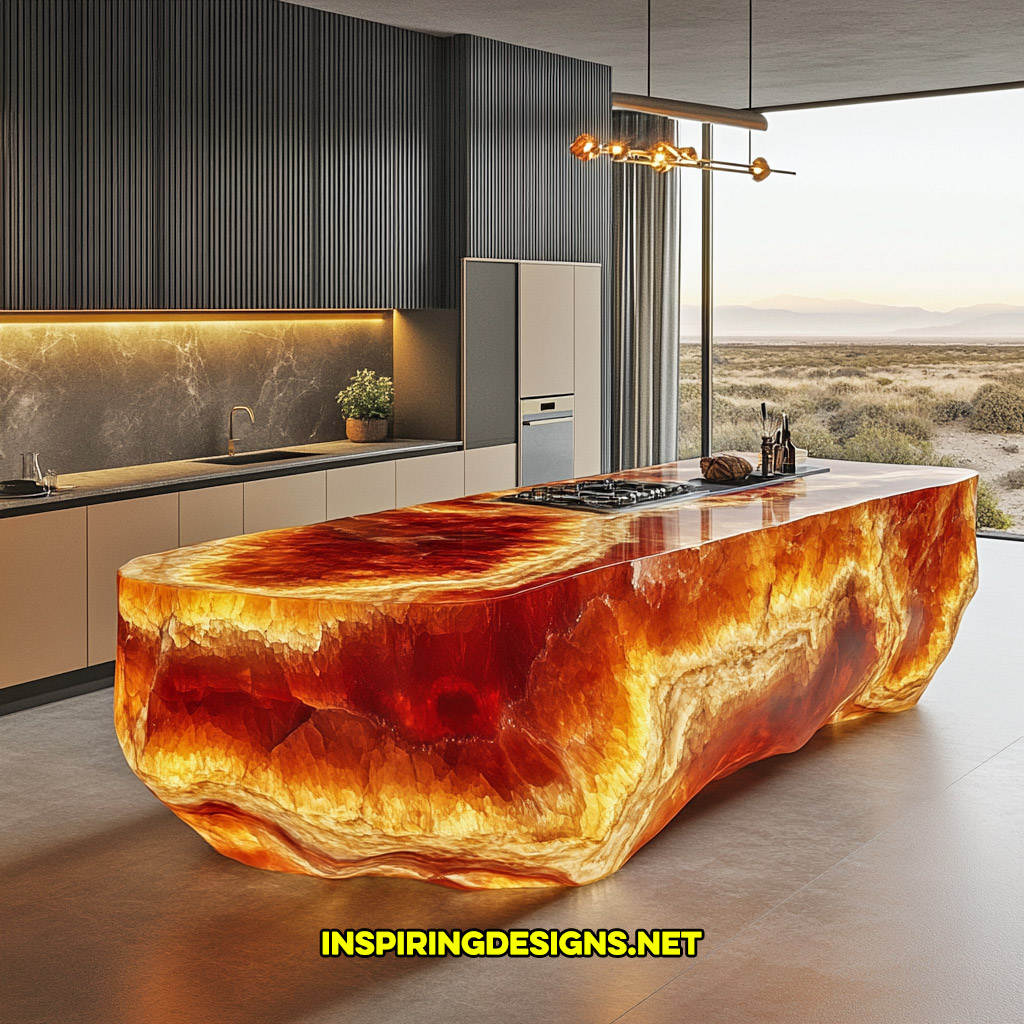 luxury mineral crystal kitchen island in a carnelian geode design