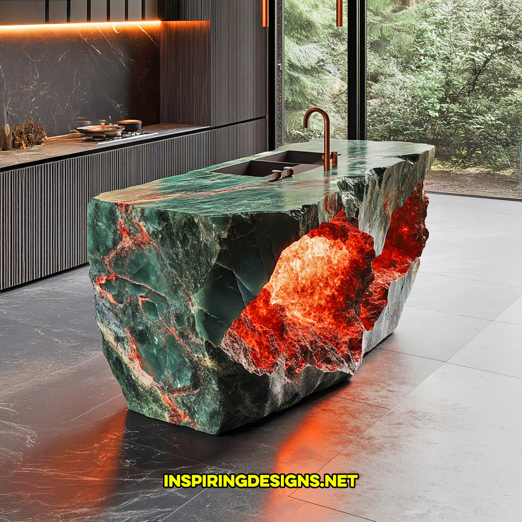 luxury mineral crystal kitchen island in a bloodstone geode design