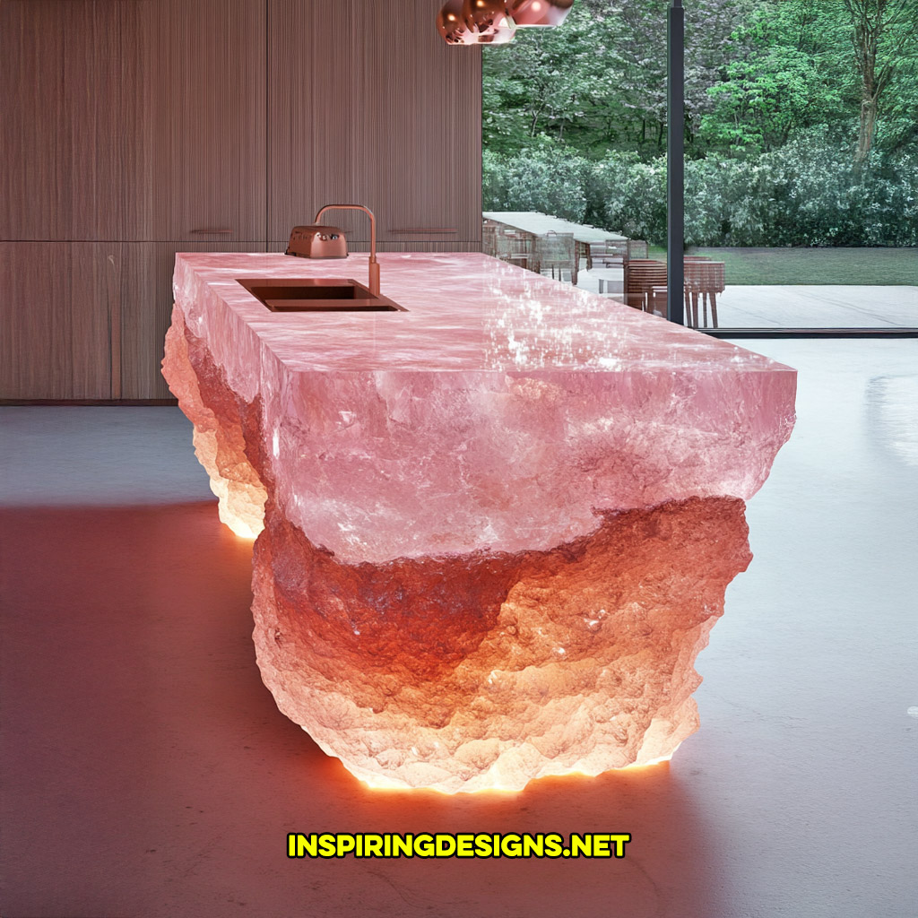 luxury mineral crystal kitchen island in a pink quartz geode design