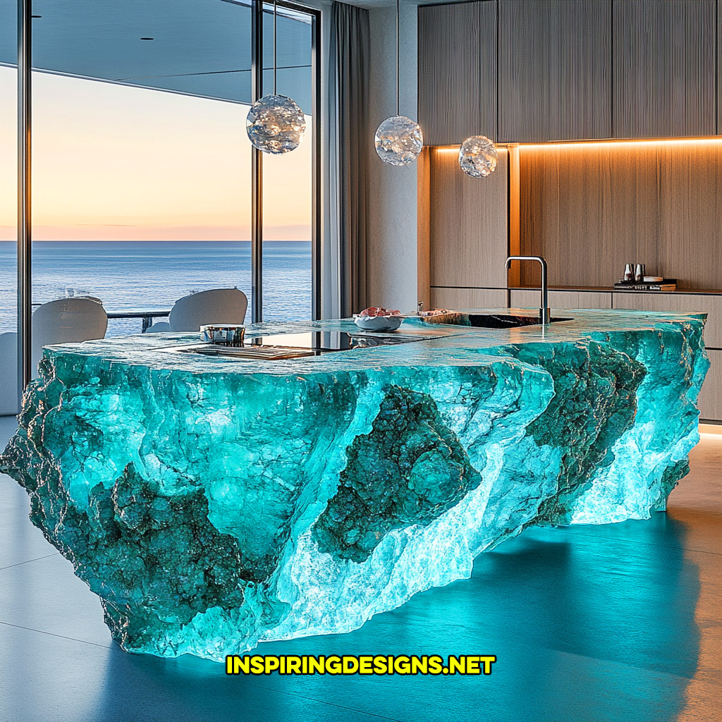 luxury mineral crystal kitchen island in a turquoise geode design