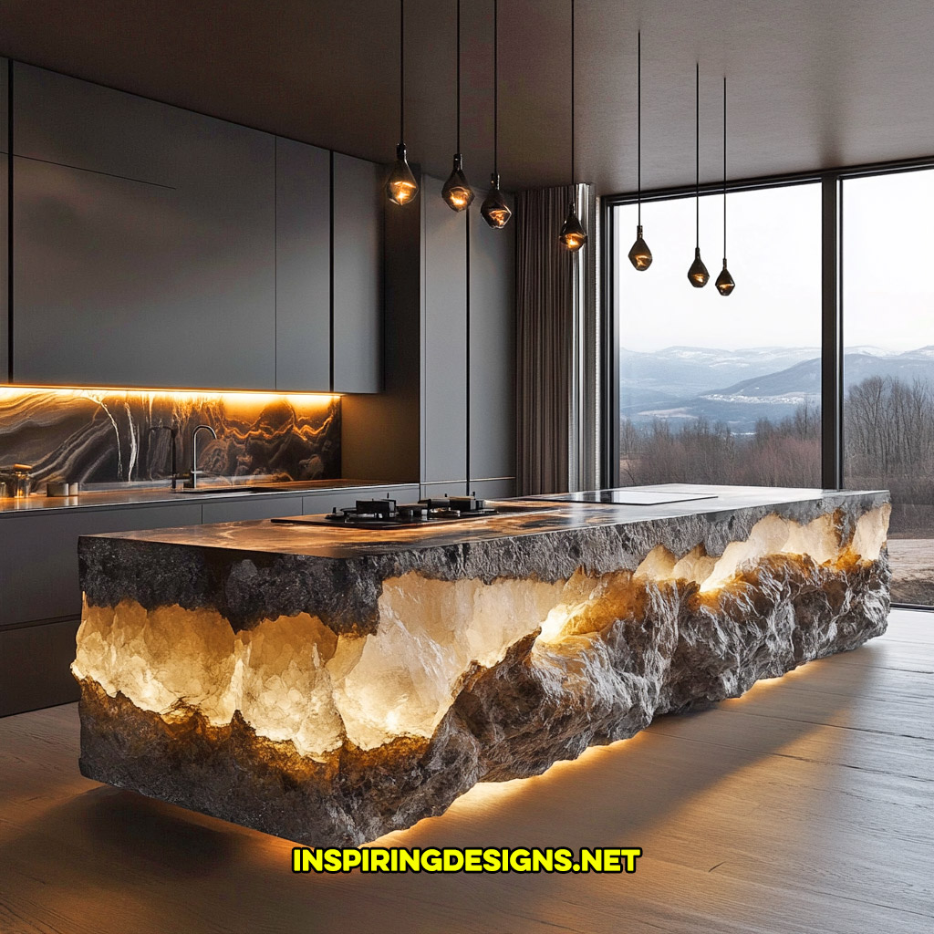 luxury mineral crystal kitchen island in a smoky quartz geode design