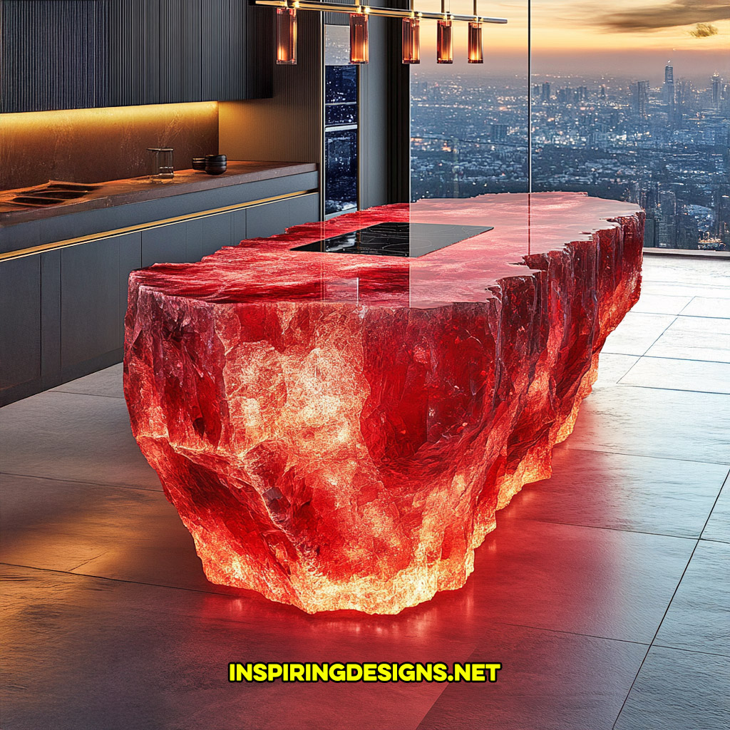 luxury mineral crystal kitchen island in a red ruby geode design