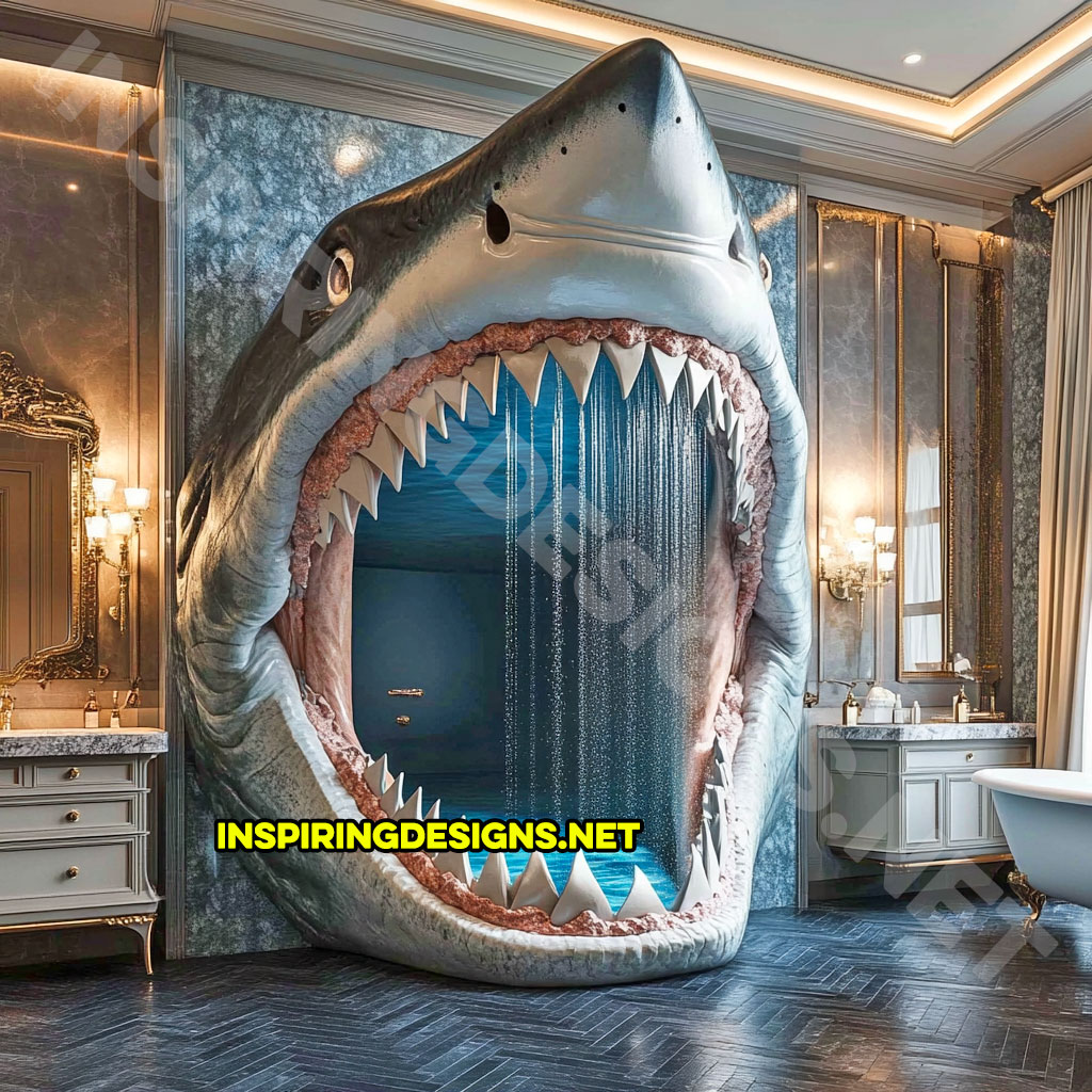 giant shark shower in a dark grey and white color