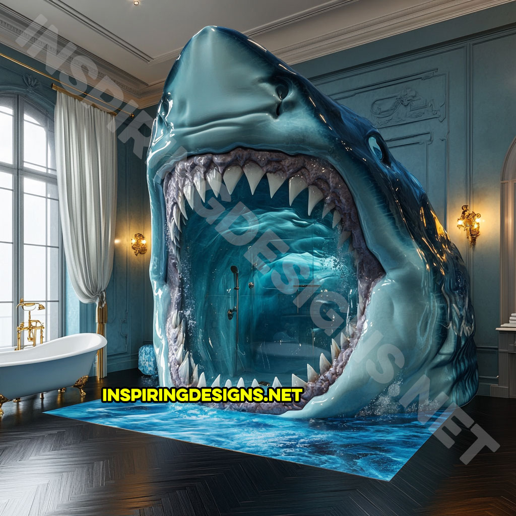 giant shark shower in an epoxy dark blue and white color