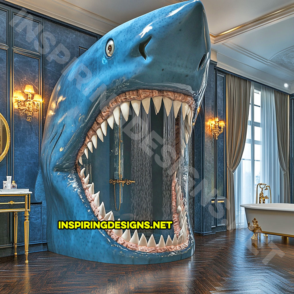 giant shark shower in a bright blue color