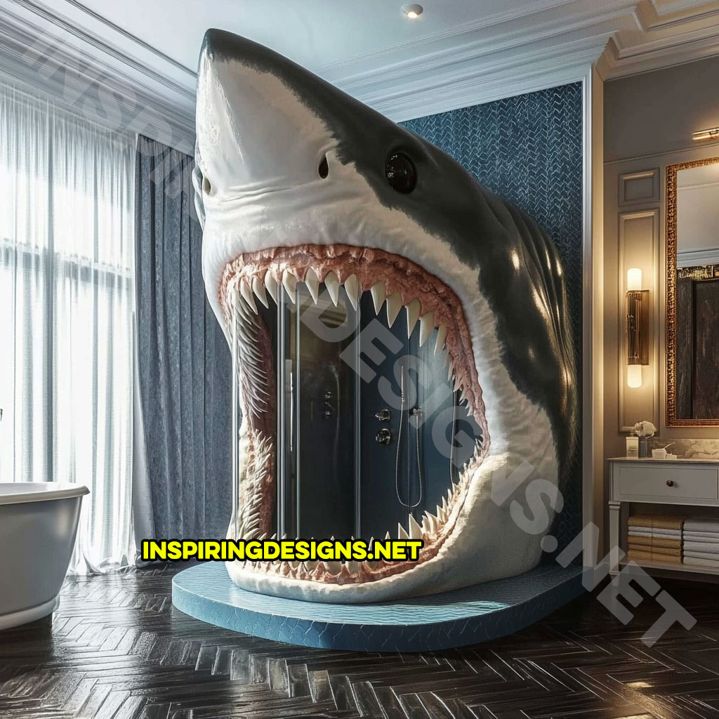 giant shark shower in a dark blue and white color