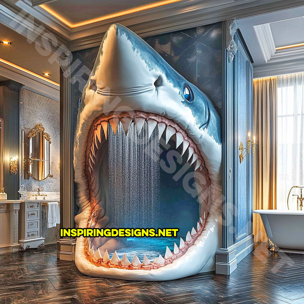 giant shark shower in a blue and white color