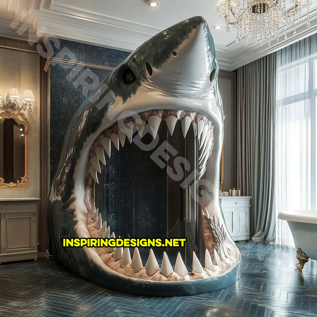 giant shark shower in a dark grey and white color