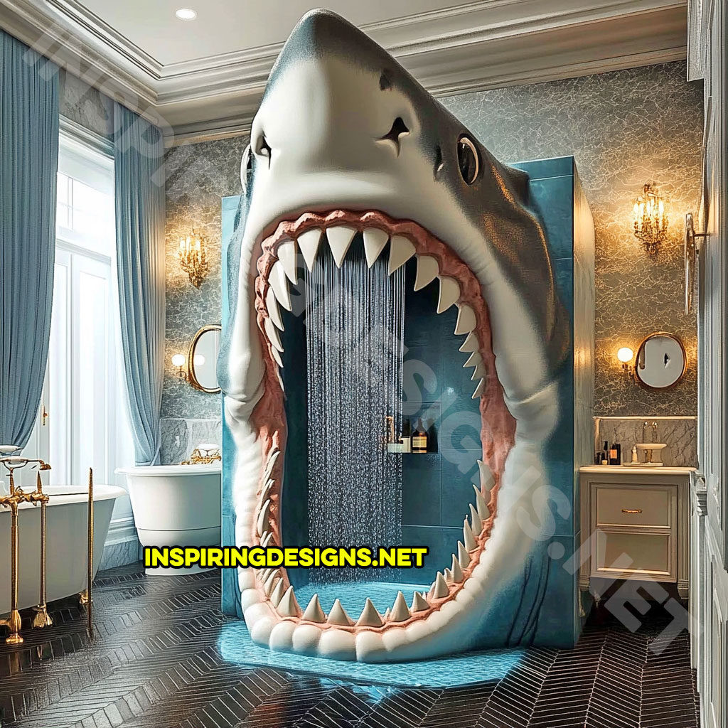 giant shark shower in a grey and white color