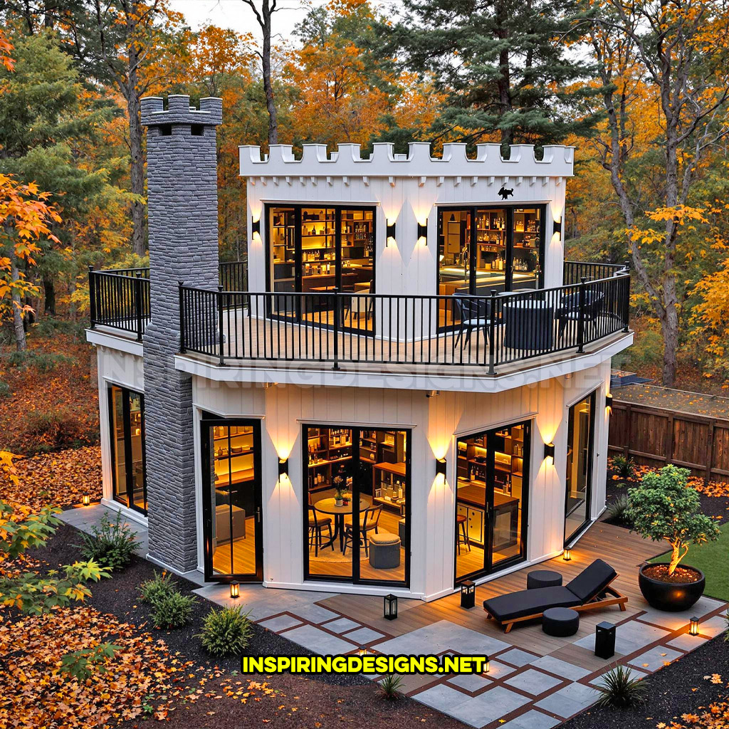 shipping container backyard bar in a white and black color