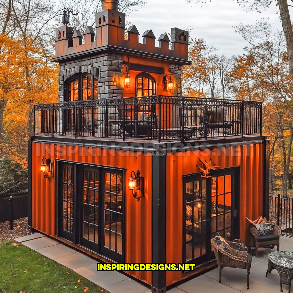 shipping container backyard bar in an orange and black color