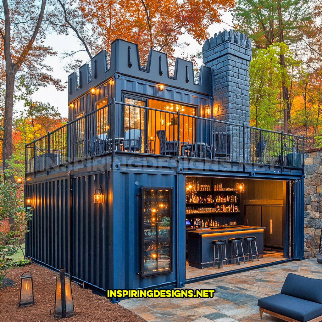 shipping container backyard bar in a dark blue and black color