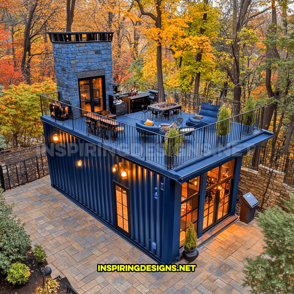 shipping container backyard bar in a blue and black color